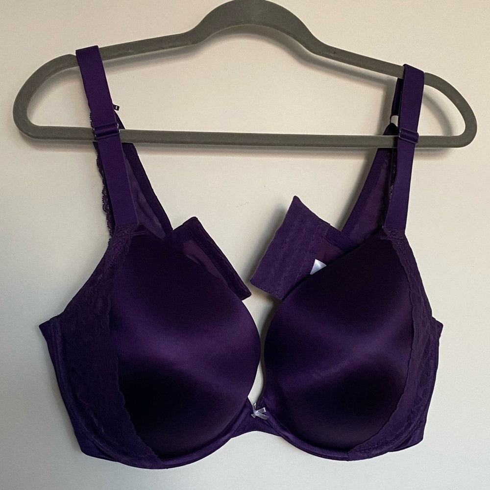 Purple bra with lace strap accents